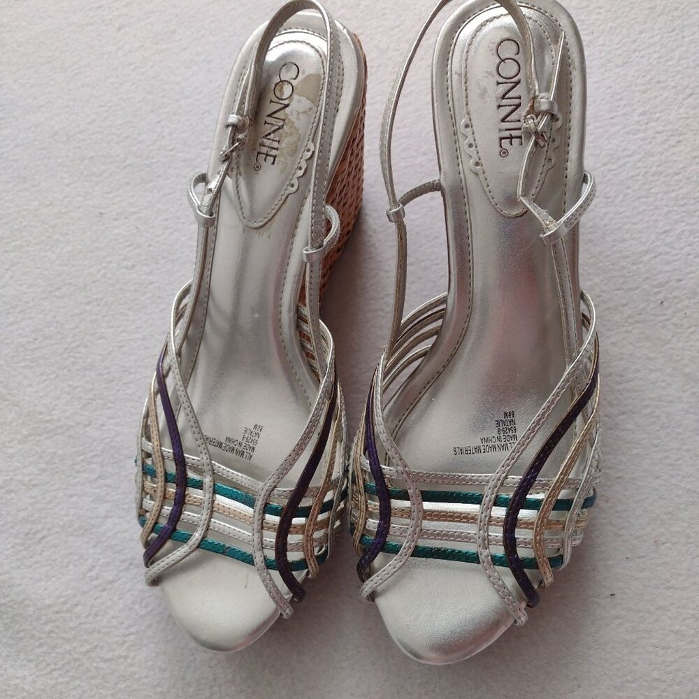 Connie Metallic Strappy Slingback Wedge 8.5 M Silver Straw Sandals - Picture 3 of 11